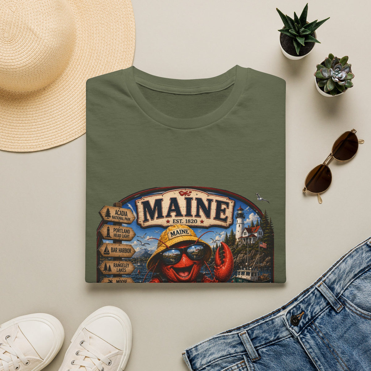 Maine Lobster Souvenir T-Shirt — Vintage Coastal Travel Design