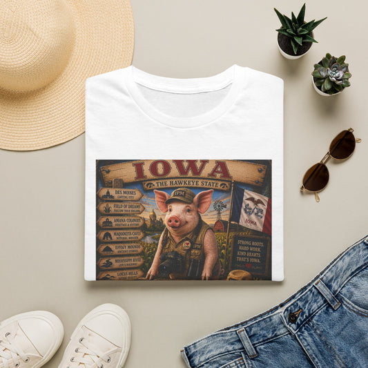 Iowa Pig State Map T-Shirt — Hawkeye State Travel Souvenir Tee