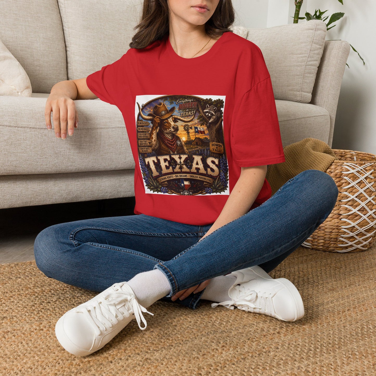 Texas Retro Cowboy T-Shirt — Vintage Longhorn & Raccoon Road Sign Design