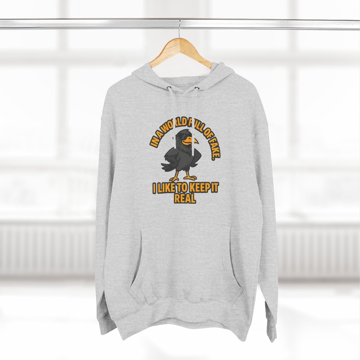 Three-Panel Hoodie — Funny Ostrich "I Like to Keep It Real" Graphic