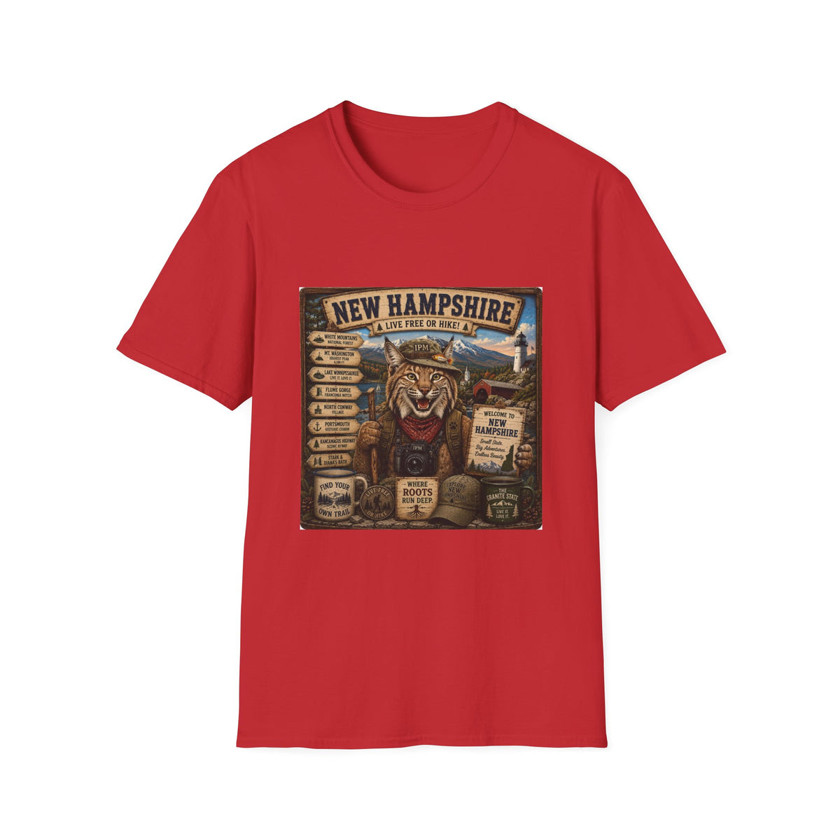 New Hampshire T-Shirt — 'Live Free or Hike' Vintage Mountain Bobcat Design