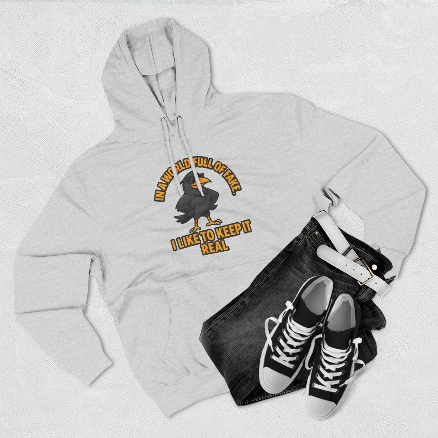 Three-Panel Hoodie — Funny Ostrich "I Like to Keep It Real" Graphic