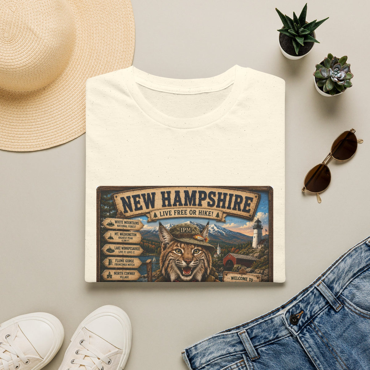 New Hampshire T-Shirt — 'Live Free or Hike' Vintage Mountain Bobcat Design
