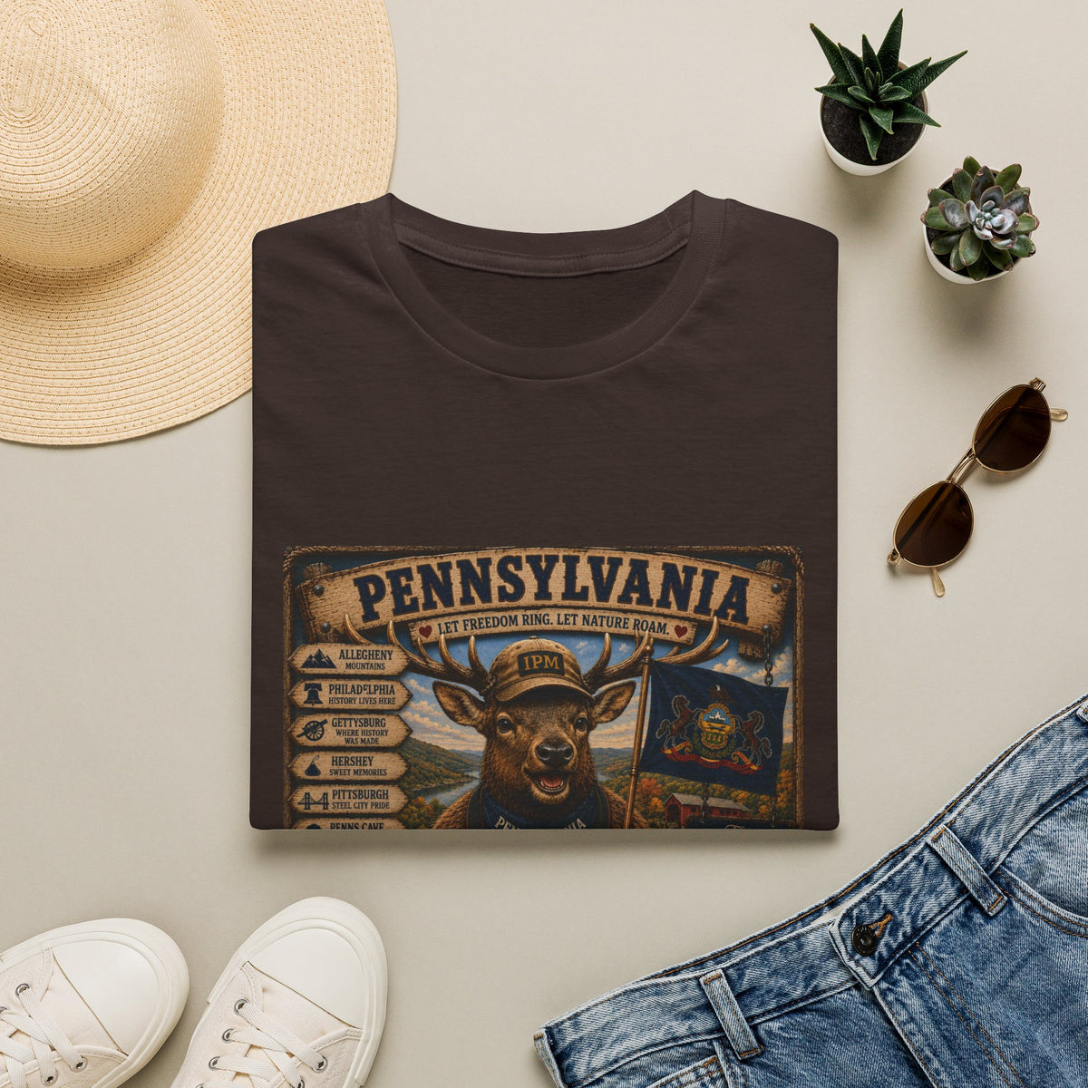 Pennsylvania Deer Vintage State Sign T-Shirt — Rustic Hunting & Outdoors Souvenir
