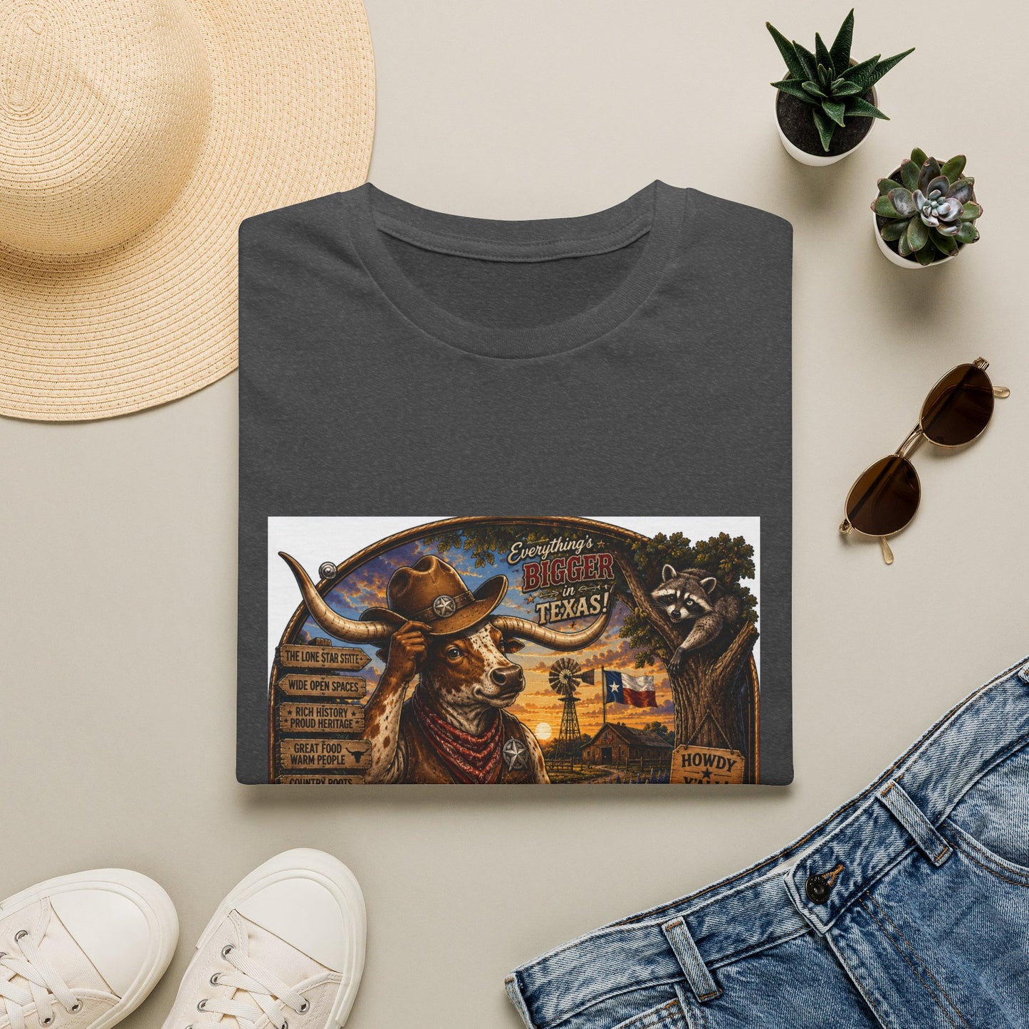 Texas Retro Cowboy T-Shirt — Vintage Longhorn & Raccoon Road Sign Design
