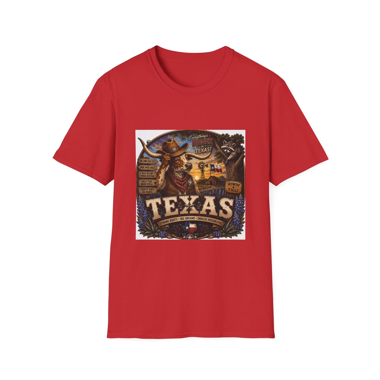 Texas Retro Cowboy T-Shirt — Vintage Longhorn & Raccoon Road Sign Design