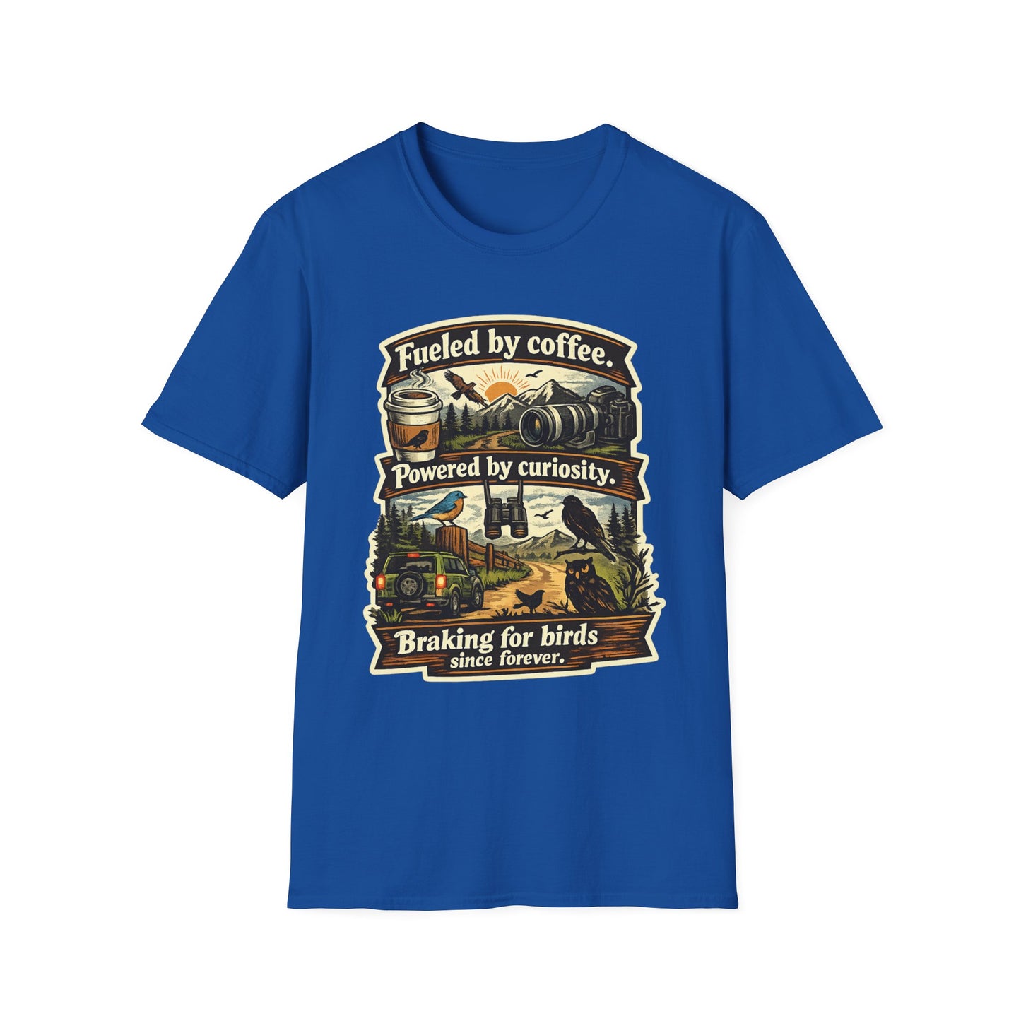 Birdwatcher Graphic T-Shirt — "Fueled by Coffee. Powered by Curiosity. Braking for Birds."