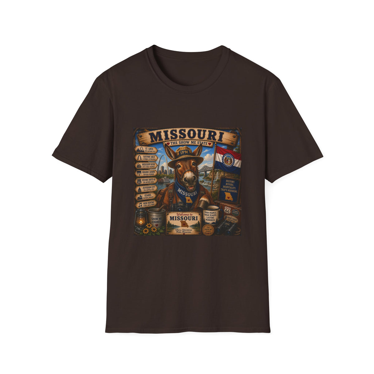 Missouri Vintage Donkey T-Shirt — State Map, Landmarks & Flag Graphic