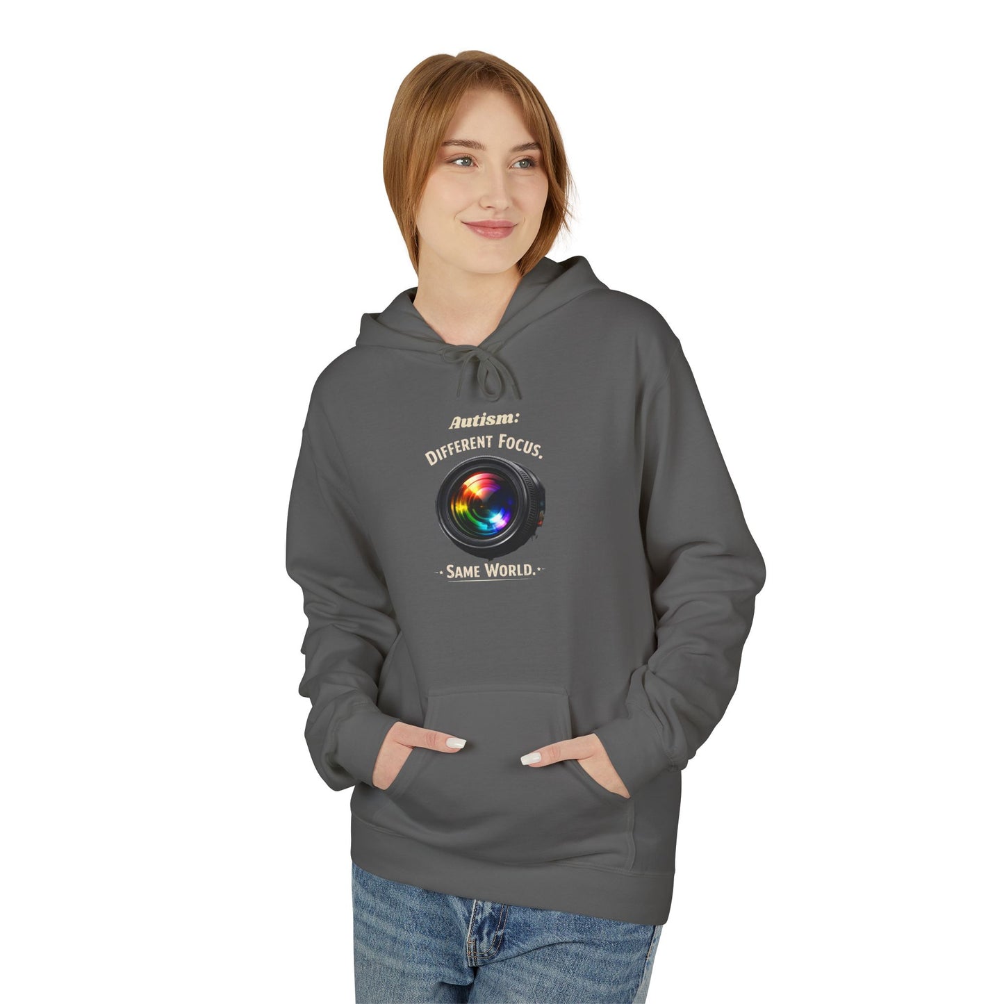 Hoodie — 'Different Not Less, Same World' Rainbow Eye Graphic