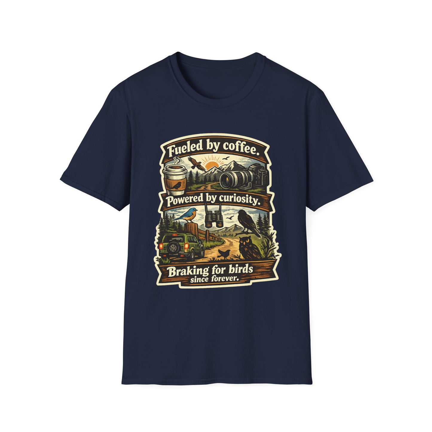 Birdwatcher Graphic T-Shirt — "Fueled by Coffee. Powered by Curiosity. Braking for Birds."