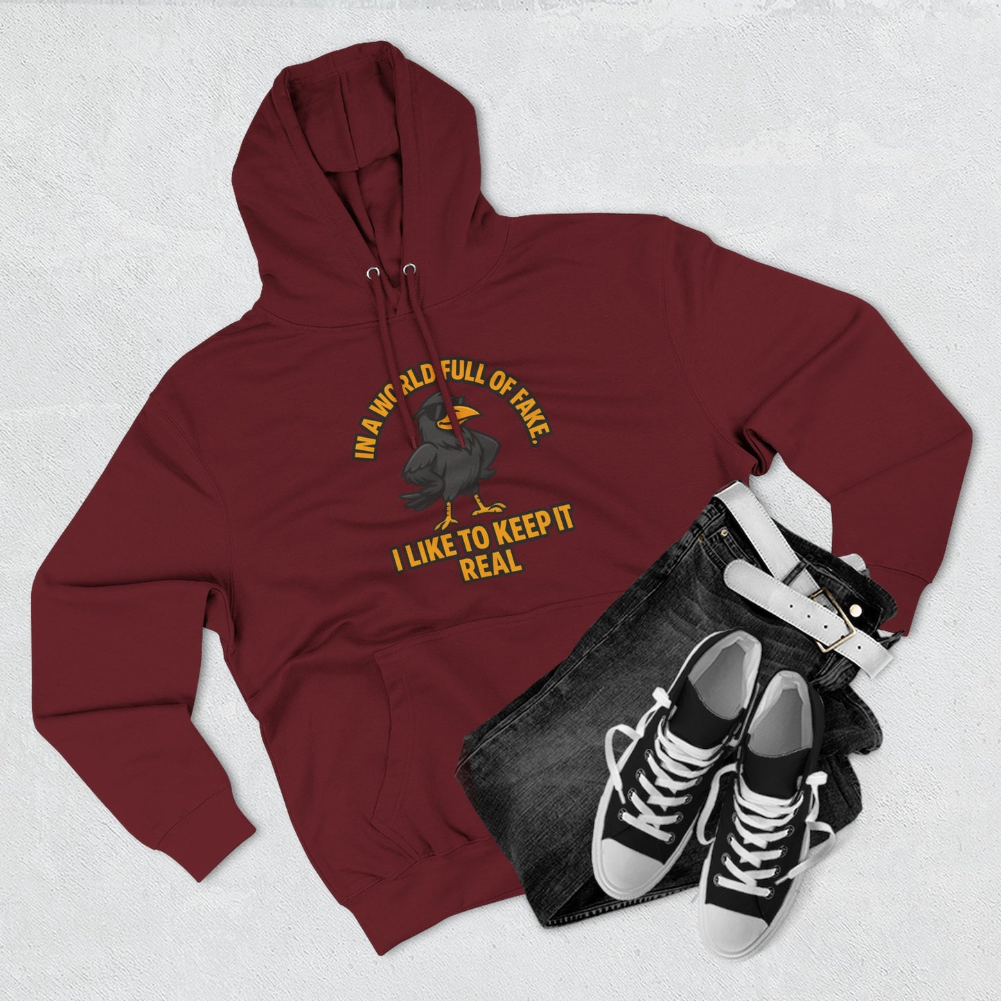 Three-Panel Hoodie — Funny Ostrich "I Like to Keep It Real" Graphic