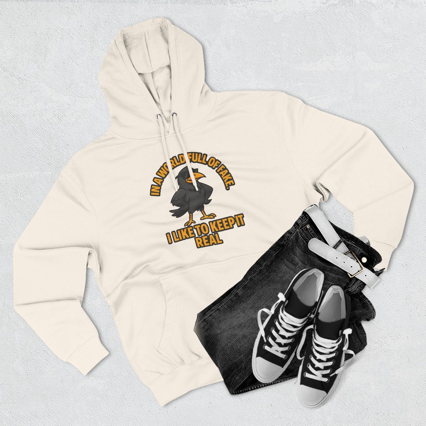 Three-Panel Hoodie — Funny Ostrich "I Like to Keep It Real" Graphic