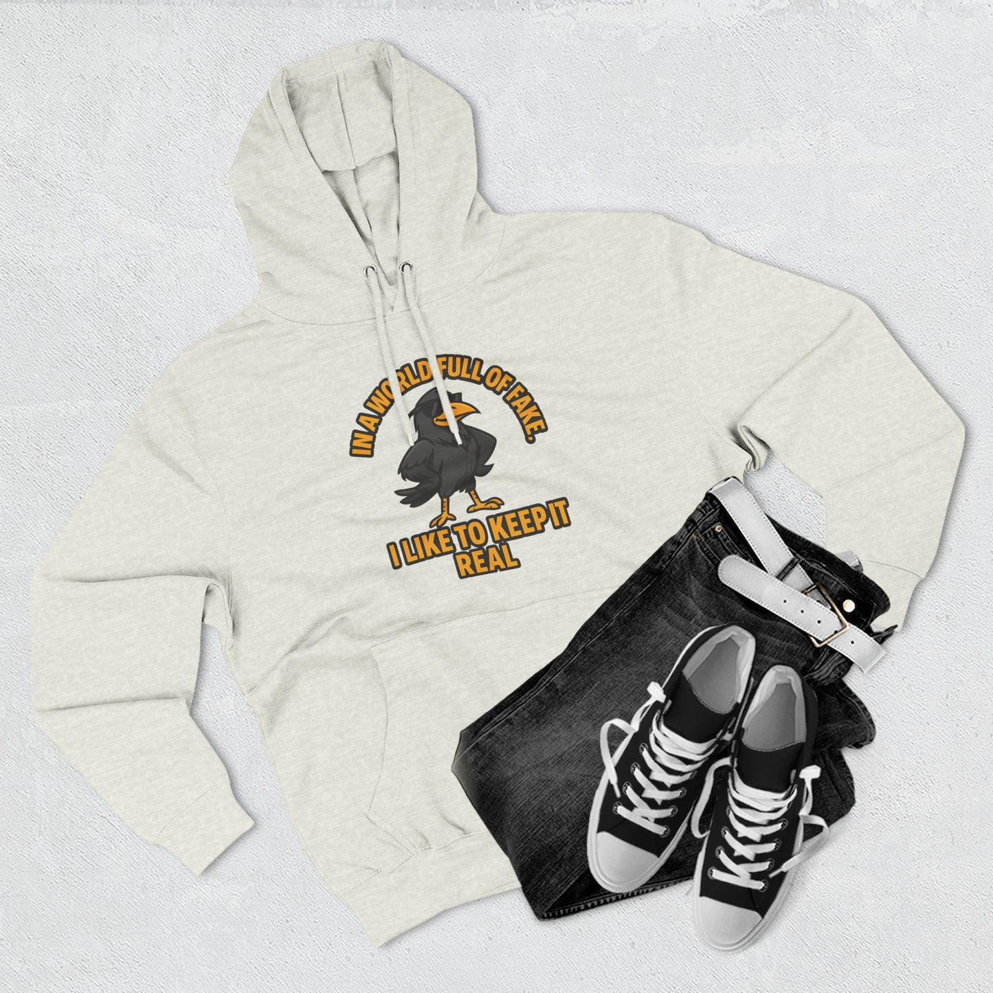 Three-Panel Hoodie — Funny Ostrich "I Like to Keep It Real" Graphic