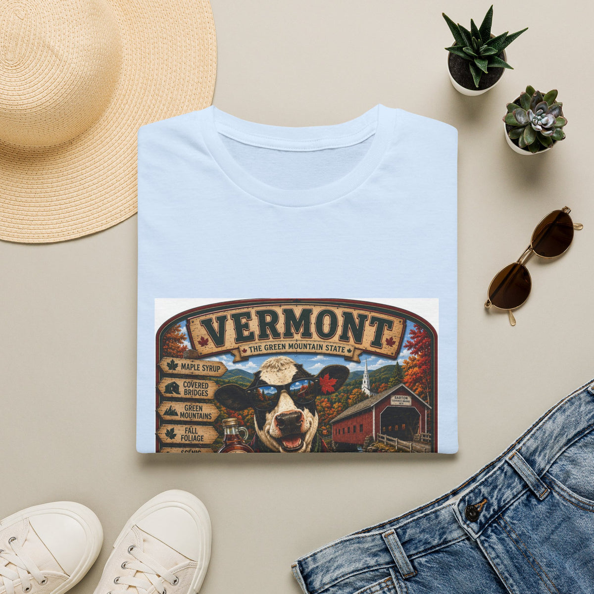 Vermont Vintage Travel T‑Shirt — Retro State Sign & Cow Design