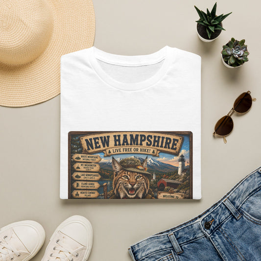 New Hampshire T-Shirt — 'Live Free or Hike' Vintage Mountain Bobcat Design