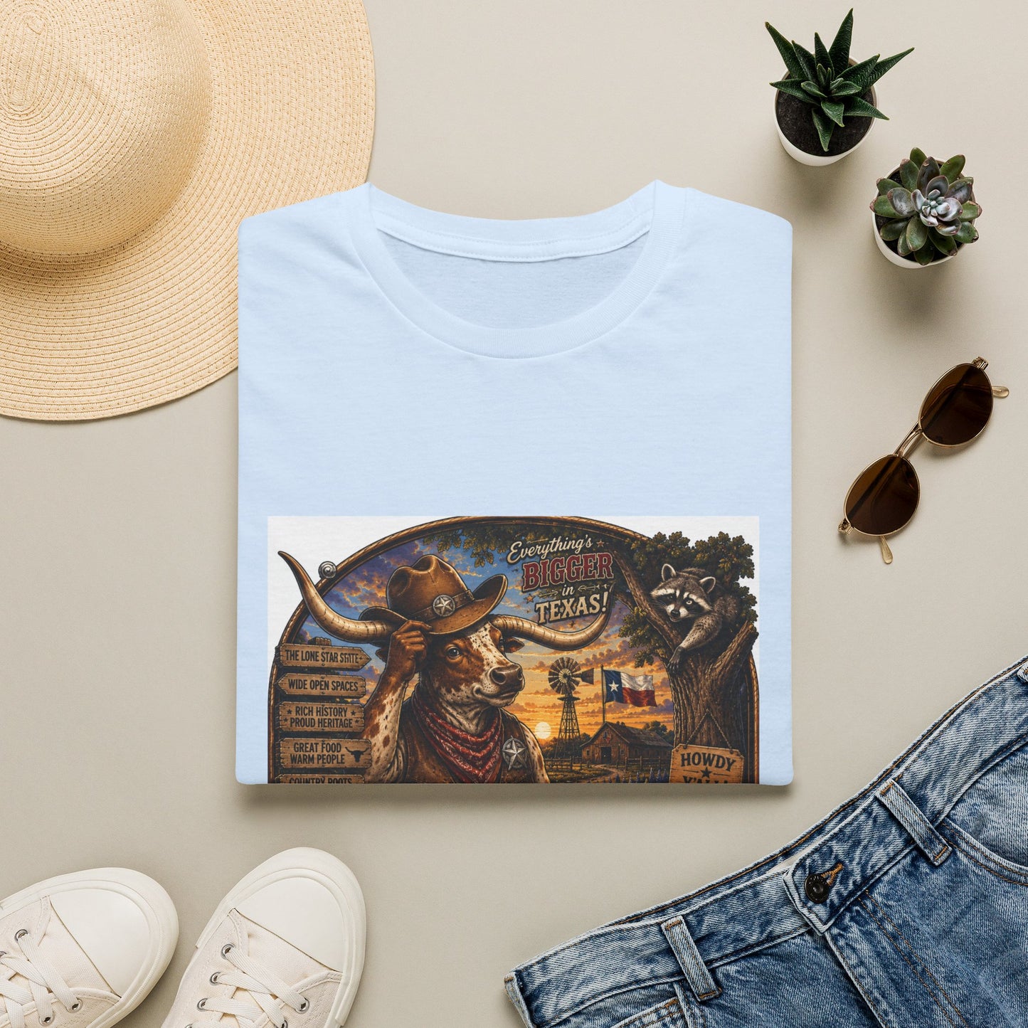 Texas Retro Cowboy T-Shirt — Vintage Longhorn & Raccoon Road Sign Design
