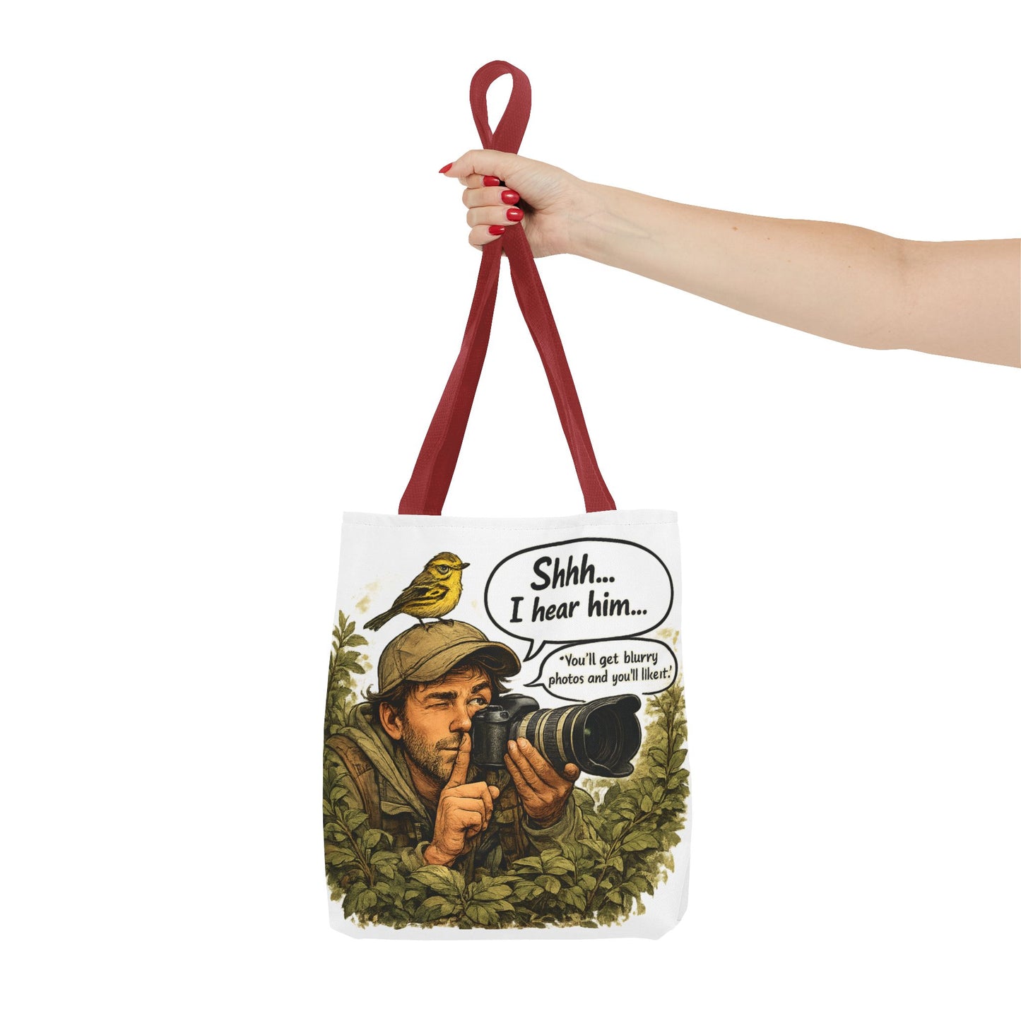Wildlife Photographer Tote Bag – "Shhh... I hear him" Birdwatching Camera Print
