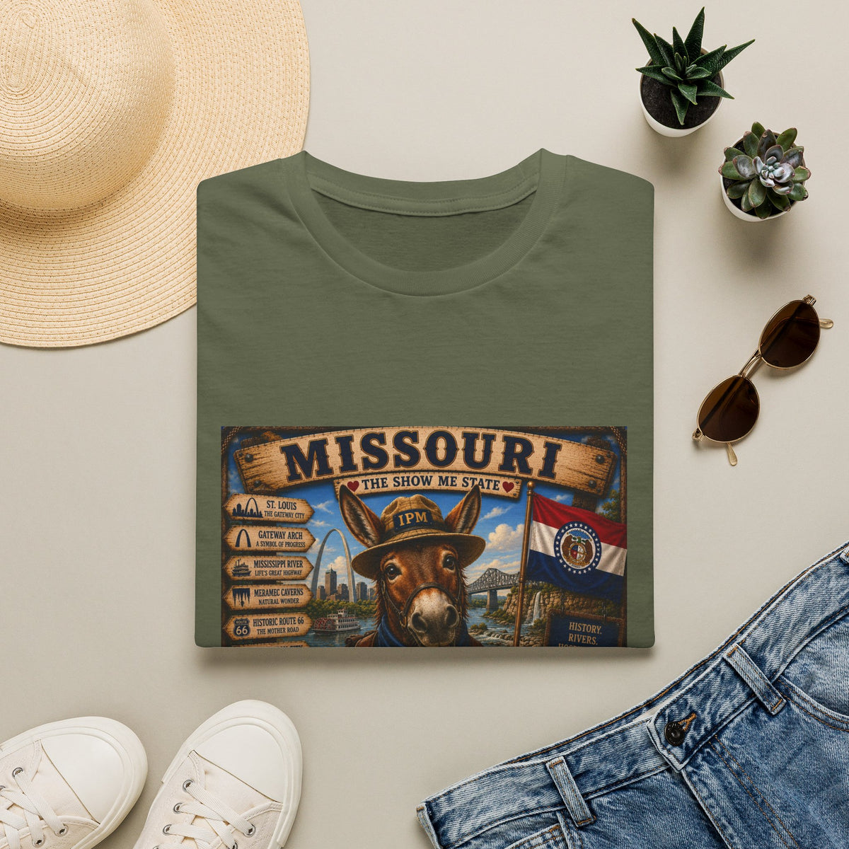 Missouri Vintage Donkey T-Shirt — State Map, Landmarks & Flag Graphic