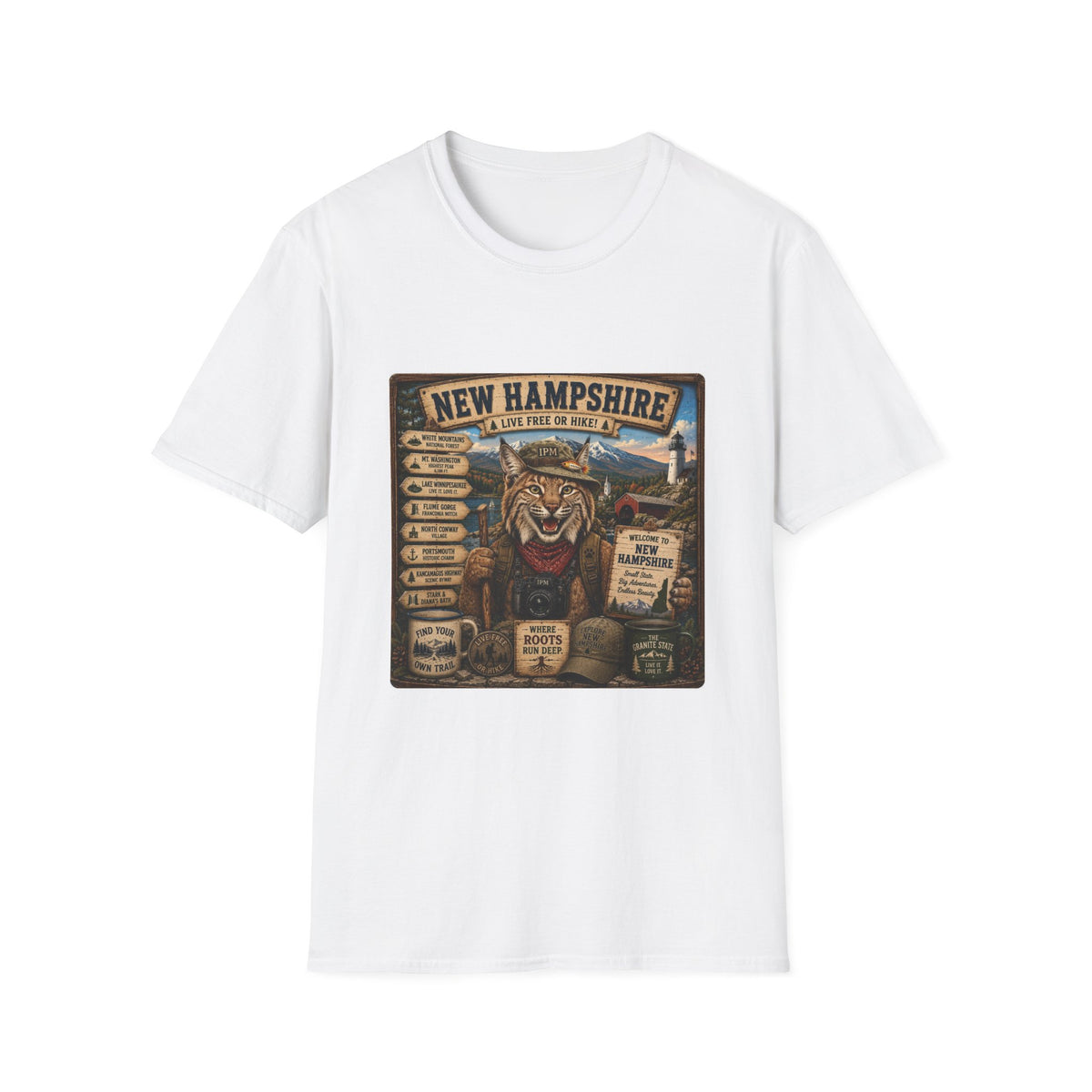 New Hampshire T-Shirt — 'Live Free or Hike' Vintage Mountain Bobcat Design