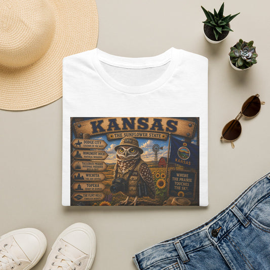 Kansas Vintage State Map T‑Shirt — Sunflower State Owl Design