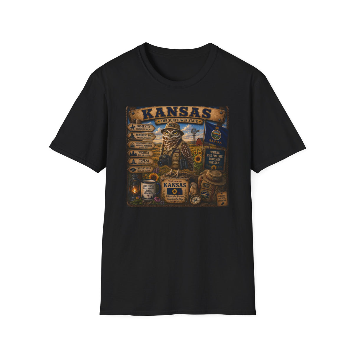 Kansas Vintage State Map T‑Shirt — Sunflower State Owl Design