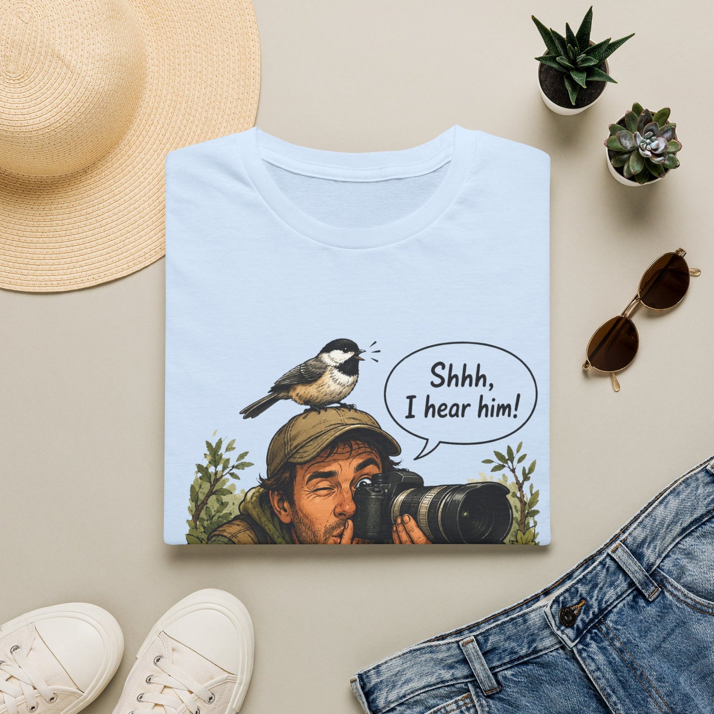 Birdwatcher Photographer T‑Shirt — “Shhh, I hear him!” Nature Lover Tee